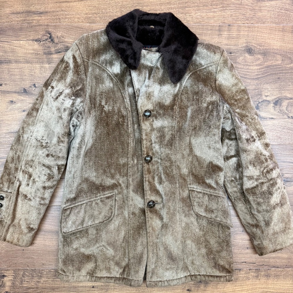 Vintage LakeForest Mens 40 Jacket Gold Corduroy Faux Fur Collar‎ Disco Pimp Coat